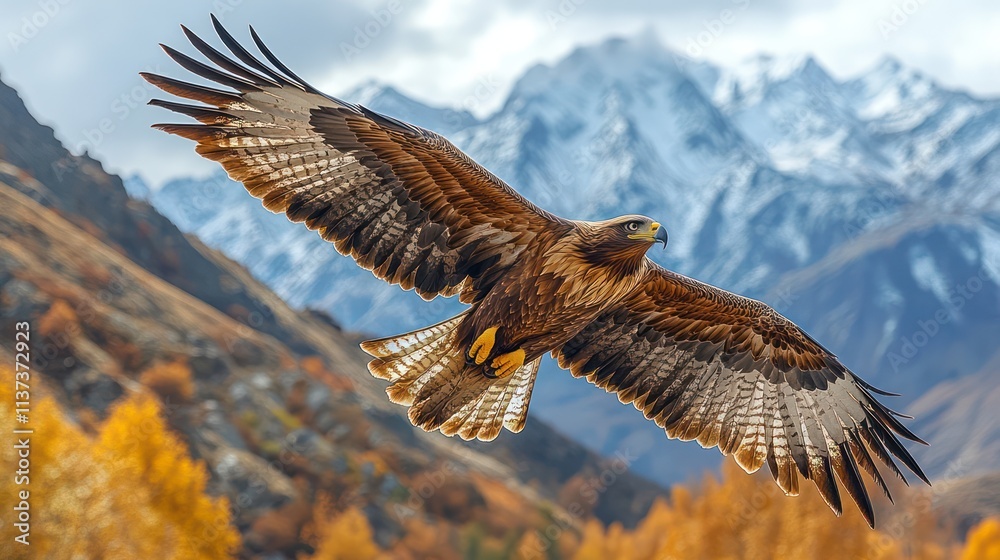 Fototapeta premium Majestic Golden Eagle Soaring Over Snow-Capped Mountains in Autumn