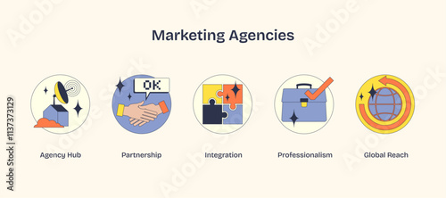 Marketing Agencies icons show agency hub, partnership, integration, professionalism, and global reach. Neubrutalism style