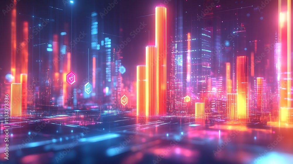 A hyper-realistic futuristic business graph with luminous ascending bars, glowing investment symbols floating nearby, surrounded by dynamic holographic light trails, A hyper-realistic futuristic business graph with luminous ascending bars, glowing investment symbols floating nearby, surrounded by dynamic holographic light trails,