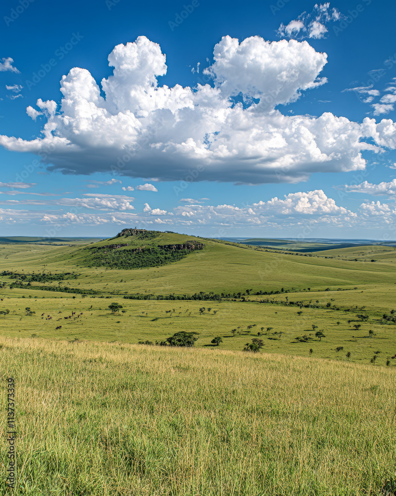 Fototapeta premium Vast grassy plains with distant hills under a bright blue sky in an open landscape