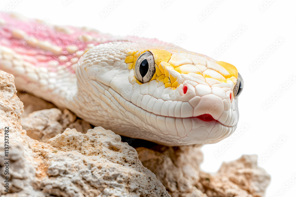 Close-Up View of a Unique Snake with White and Yellow Patterns on Soft Textured Rock Background Close-Up View of a Unique Snake with White and Yellow Patterns on Soft Textured Rock Background