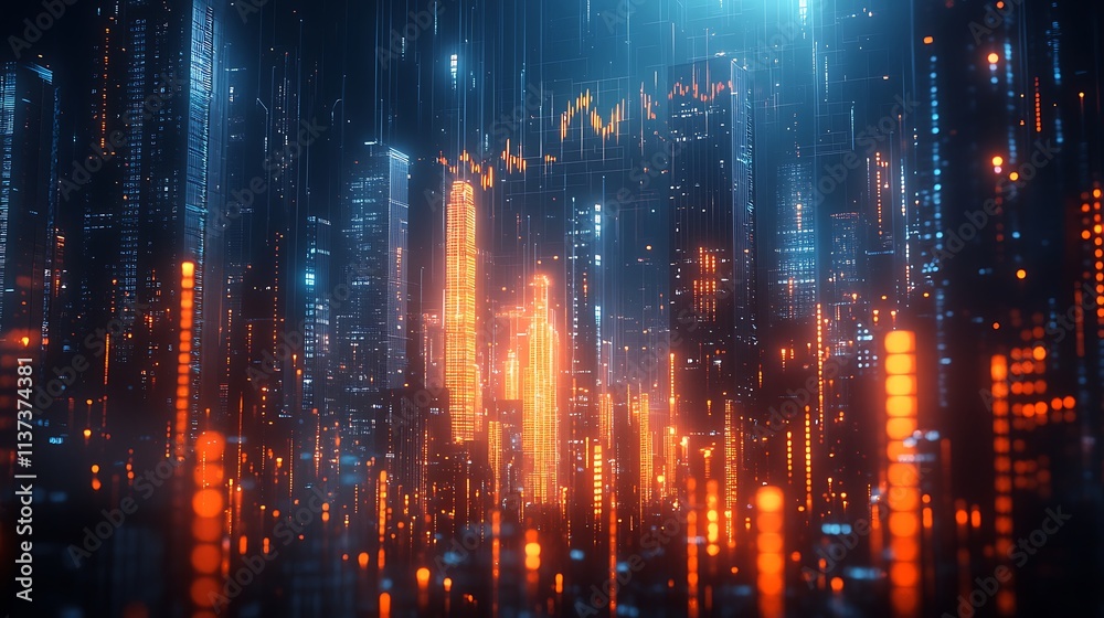 Fototapeta premium A luminous financial graph overlaid on a dark, glowing cityscape, skyscrapers bathed in soft neon light, dynamic stock market data floating above, and ultra-detailed architectural textures. --ar 16:9