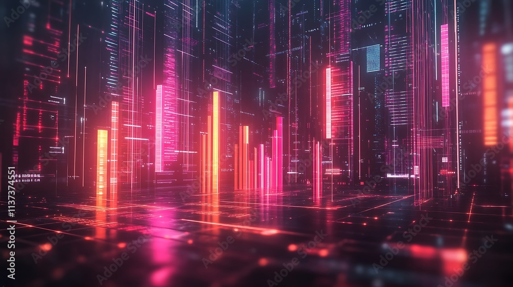 A luminous futuristic business graph with sharp rising bars glowing in soft neon colors, surrounded by floating digital data symbols, A luminous futuristic business graph with sharp rising bars glowing in soft neon colors, surrounded by floating digital data symbols,