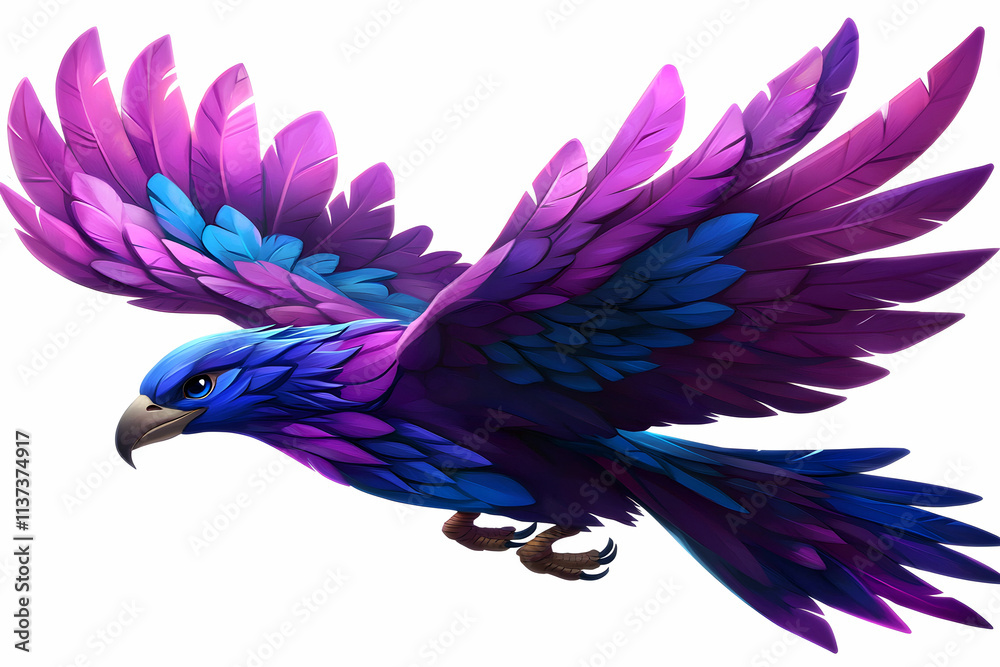 Obraz premium Colorful Fantasy Bird with Vibrant Feathers in Flight, Featuring Shades of Purple and Blue for Artistic Illustrations