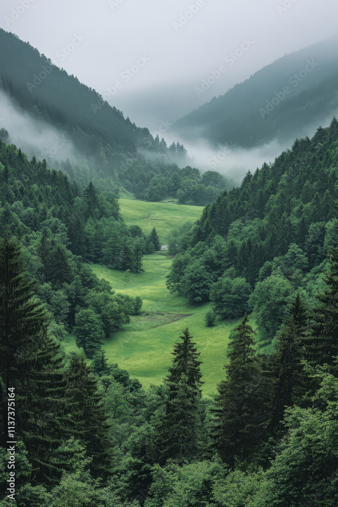 Fototapeta premium Lush green valley surrounded by misty mountains in a tranquil forest landscape