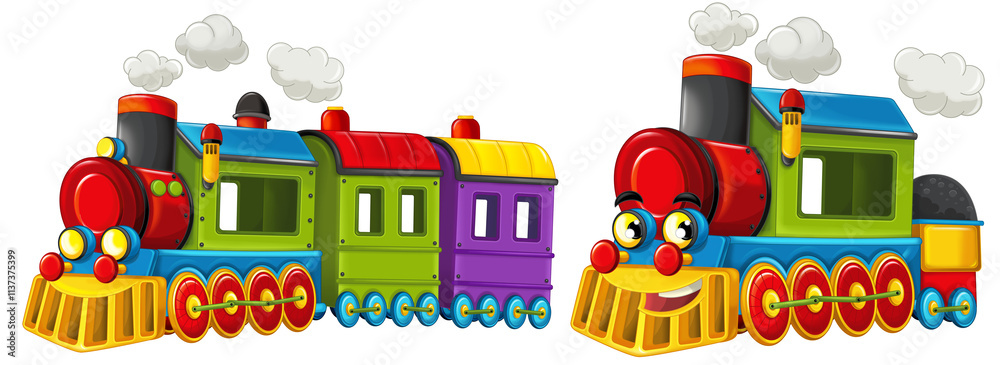 Φωτογραφία Cartoon funny set of looking steam train locomotive vehicle transportation isola