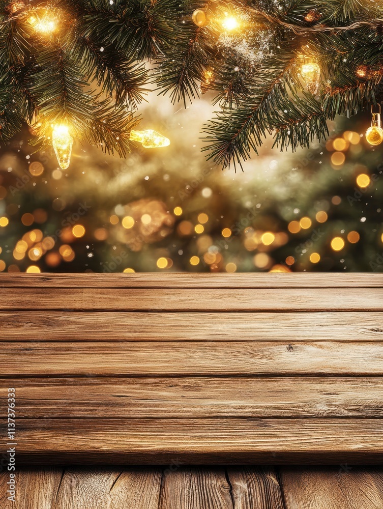 holidays concept - empty wooden surface or table with christmas golden lights background holidays concept - empty wooden surface or table with christmas golden lights background