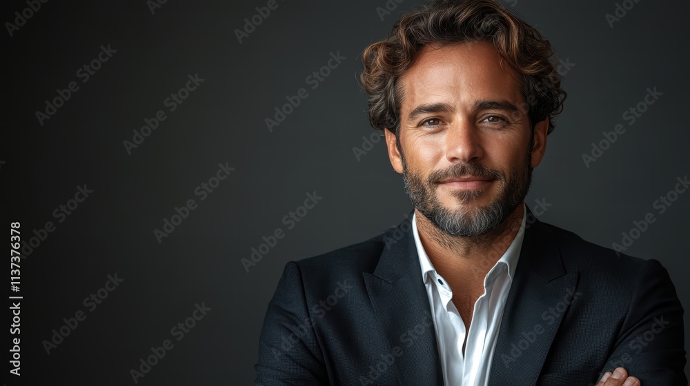 Smiling young businessman in black suit and tie with arms crossed looking aside on gray background achievement, career success, wealth concepts with mockup