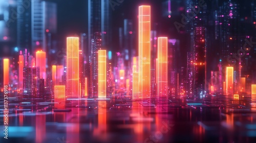 A sleek 3D business graph with glowing bars rising sharply  digital investment symbols illuminated in soft neon accents 