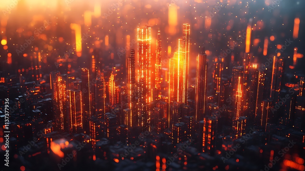 Naklejka premium A stylized 3D financial bar graph where each bar transforms into a towering skyscraper, glowing windows representing financial growth,