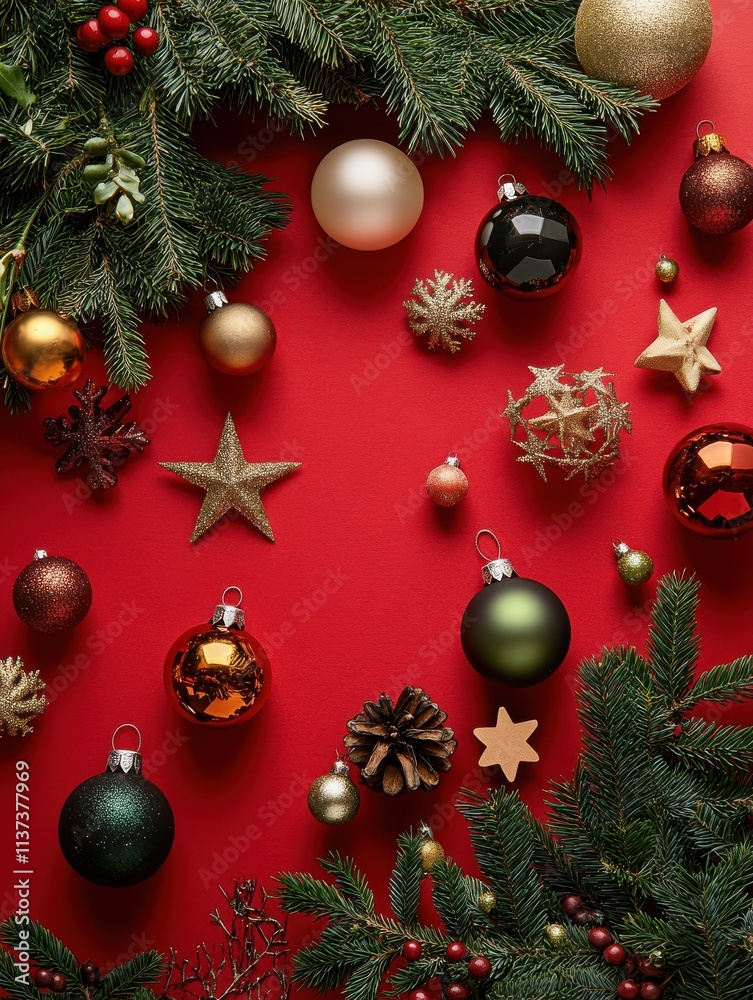 Merry Christmas red background decorated with happy 2022 new year tree branches and baubles stars, winter holiday card decorations festive merry concept, flat lay, above top view, copy space Merry Christmas red background decorated with happy 2022 new year tree branches and baubles stars, winter holiday card decorations festive merry concept, flat lay, above top view, copy space