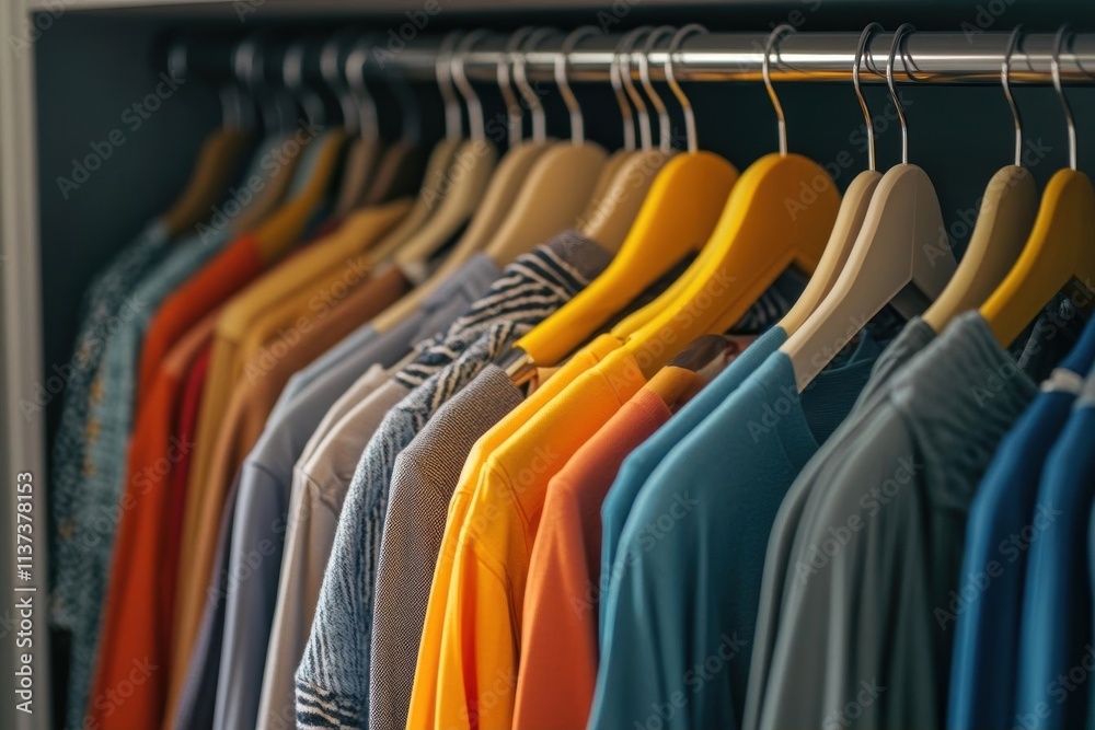 A neatly organized clothing rack displaying various shirts and colors.