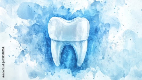 Illustration of white tooth on blue background. Watercolor. Dentist. Dentistry.