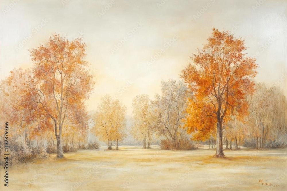 Serene autumn landscape with golden trees and soft, muted colors. Serene autumn landscape with golden trees and soft, muted colors.