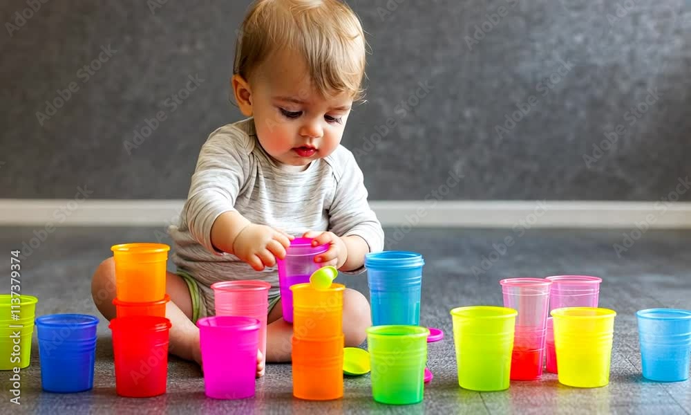 A toddler plays with colorful cups, stacking and arranging them on a floor. A toddler plays with colorful cups, stacking and arranging them on a floor.