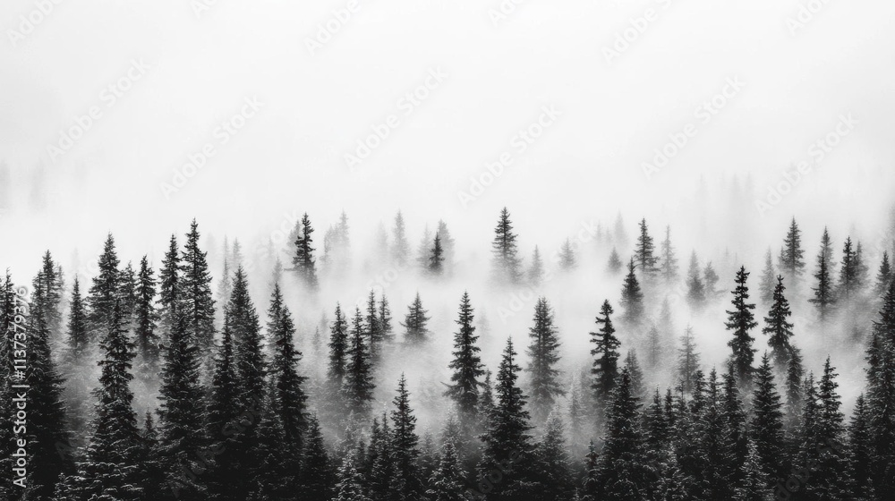 A misty forest landscape shrouded in fog, creating a serene atmosphere. A misty forest landscape shrouded in fog, creating a serene atmosphere.