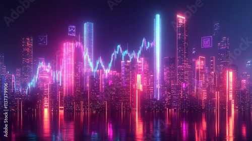 An investment line graph with vivid glowing trails overlaying a sleek digital cityscape, modern skyscrapers reflecting soft neon lights,