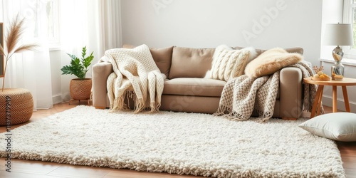 A cozy living room with a plush shag rug, soft knit throw blankets, and fluffy faux fur pillows creating a warm and inviting atmosphere, inviting, faux fur pillows photo