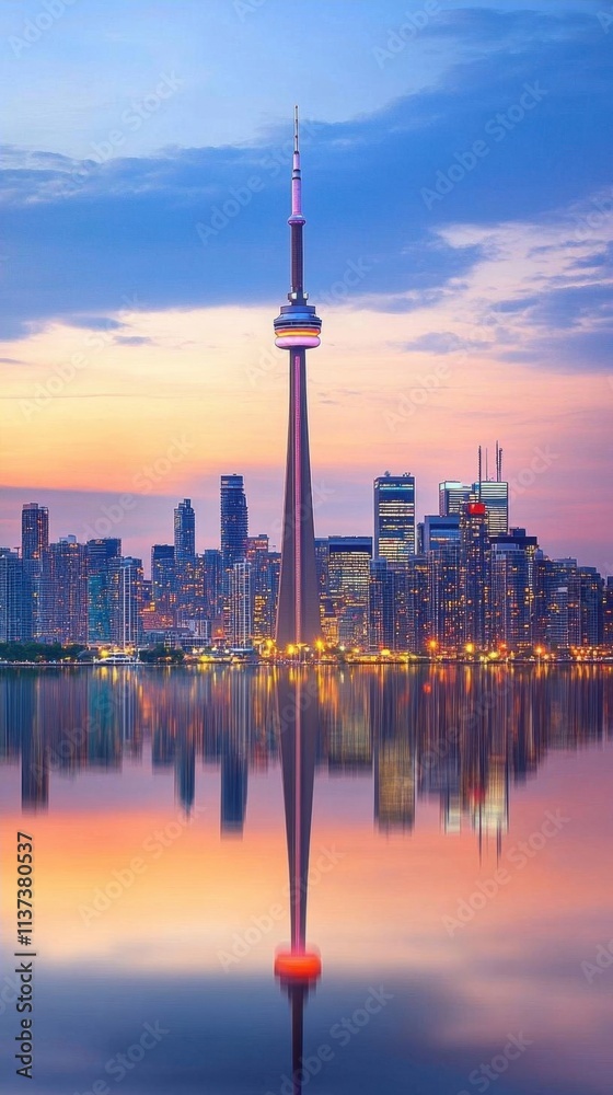 Obraz premium Scenic view of a city skyline reflected in water at sunset.