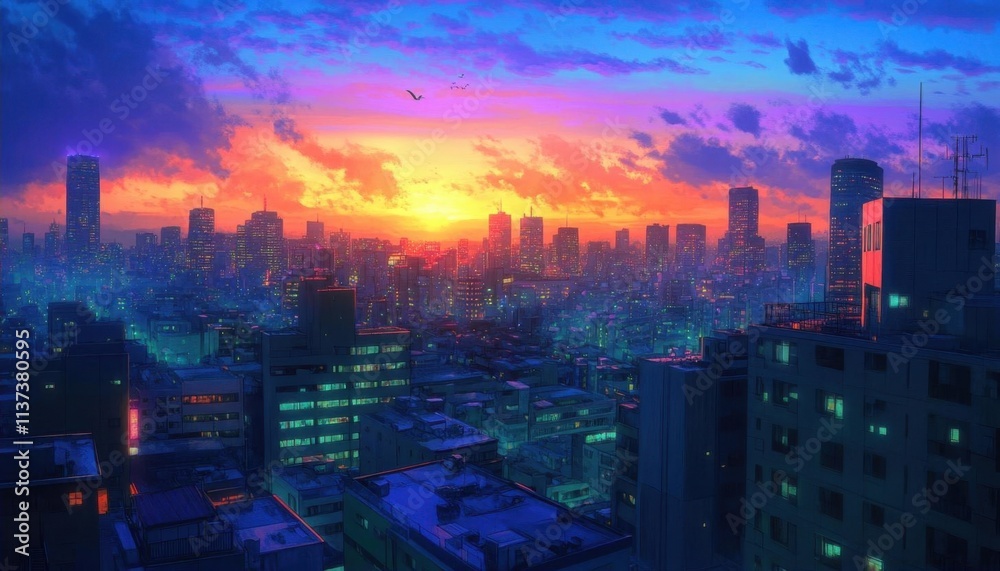 Fototapeta premium A vibrant city skyline at sunset, showcasing colorful clouds and buildings.