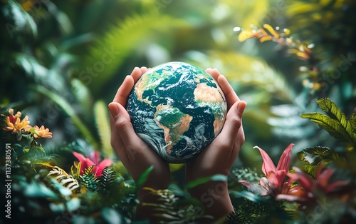 Human hands cradling a green Earth surrounded by rich nature photo