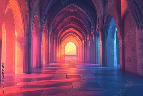 Stunning Colorful Archway Corridor in a Palace at Sunset.