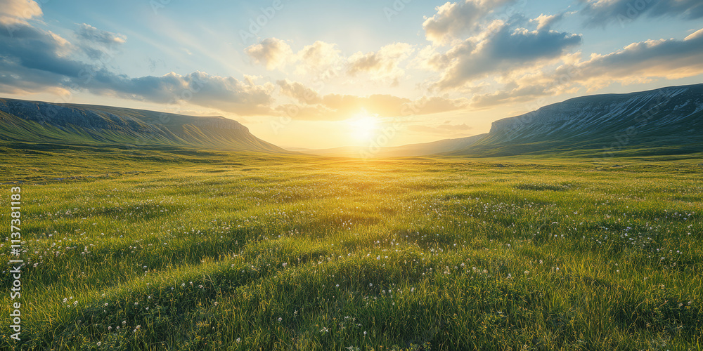 Obraz premium Golden sunrise over a tranquil valley with lush green grass and distant mountains