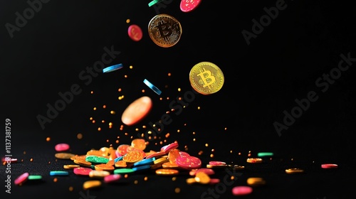 Digital Wealth Descending: Vibrant Bitcoin Coins Falling on a Black Canvas photo