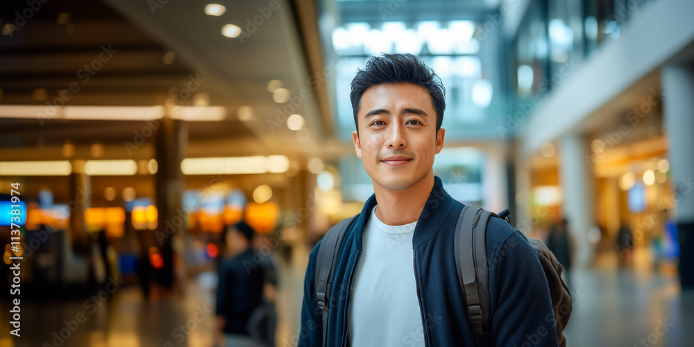 Fototapeta premium Young asian businessman handsome standing smiling happy, looking at camera in mall.