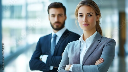 Confident business professionals, a man and a woman, standing together with arms crossed, projecting success and teamwork