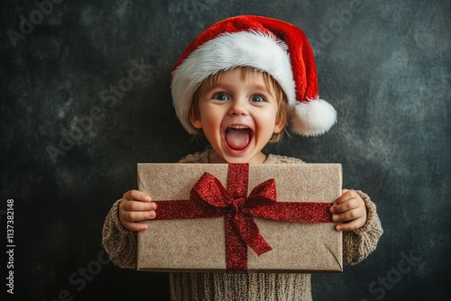 Child boy joyful in a red holiday hat, with holiday season box. Holiday season promotion conceptual art image for print and online banner use. Holiday spirit poster. Gift unwrap ad. photo