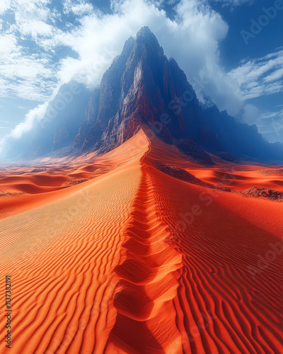 Majestic mountain rises above vibrant red sand dunes under dramatic sky