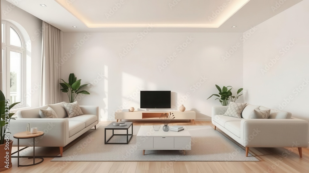 A minimalist living room with sleek furniture and neutral colors, featuring a simple layout with a focus on space and cleanliness, layout, space