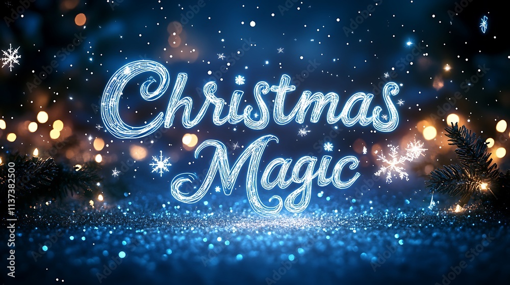 Christmas Magic in ethereal, glowing white text, sparkling light trails forming whimsical swirls, twilight blue background with scattered starry lights and a serene winter vibe. --ar 16:9 Christmas Magic in ethereal, glowing white text, sparkling light trails forming whimsical swirls, twilight blue background with scattered starry lights and a serene winter vibe. --ar 16:9