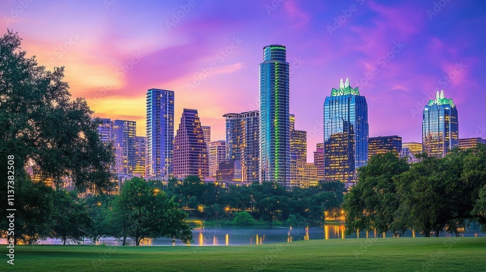 A vibrant city skyline at sunset, reflecting on a serene lake. A vibrant city skyline at sunset, reflecting on a serene lake.