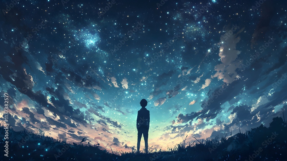 A Solitary Figure Gazes at a Starry Night Sky A Solitary Figure Gazes at a Starry Night Sky