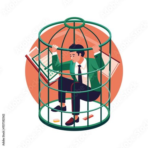 Employee stuck in an office cage, flat illustration 
