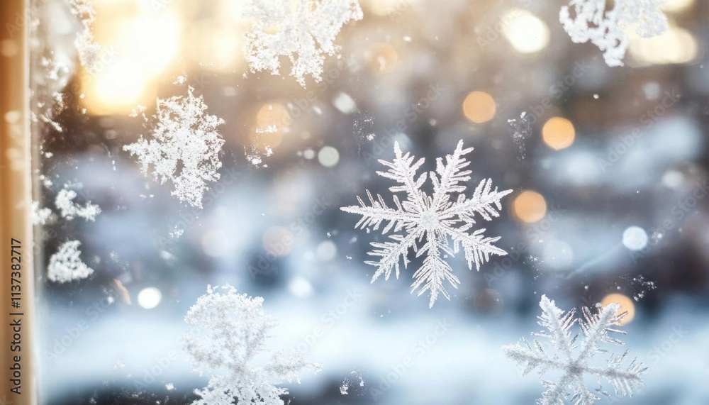 Frosted window with snowflakes and soft background light. Frosted window with snowflakes and soft background light.