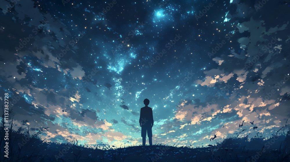 Solitary Figure Gazing at a Starry Night Sky Solitary Figure Gazing at a Starry Night Sky