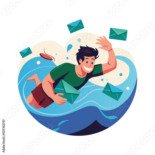 A flat illustration of a man swimming in water with many emails 

