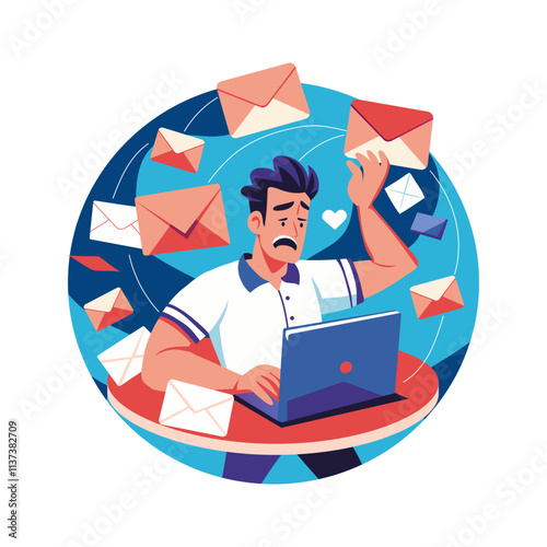 Email overload flat illustration of exhausted character 

