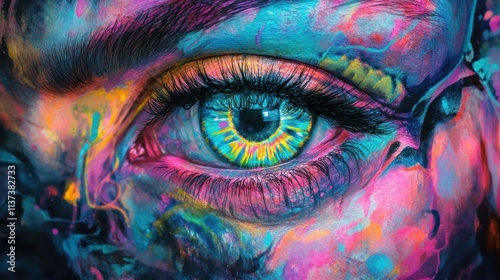 A close-up of a mesmerizing eye, surrounded by vivid face paint in neon hues and intricate patterns.