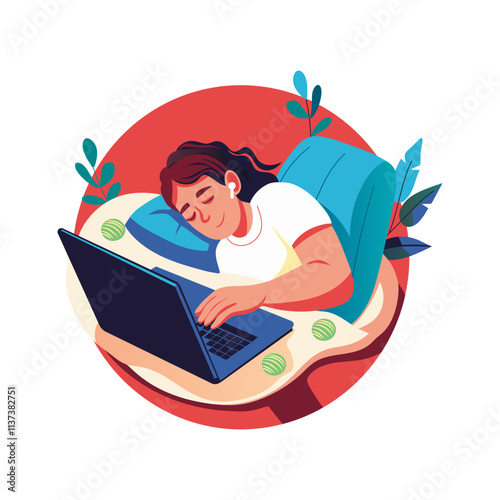 A flat illustration of a tired employee sleeping while working 
