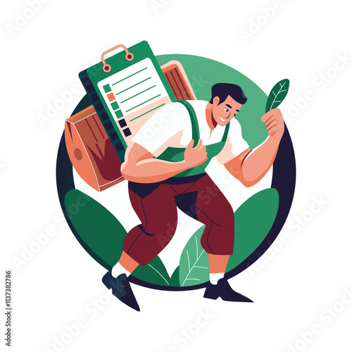 A flat illustration of a man holding a task list burden 
