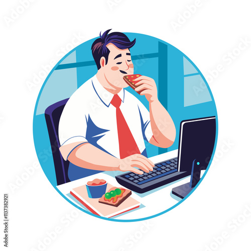 A man eating food during lunch break, flat illustration 

