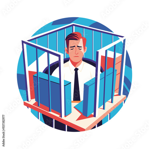 A flat illustration of an employee trapped in an office cell 

