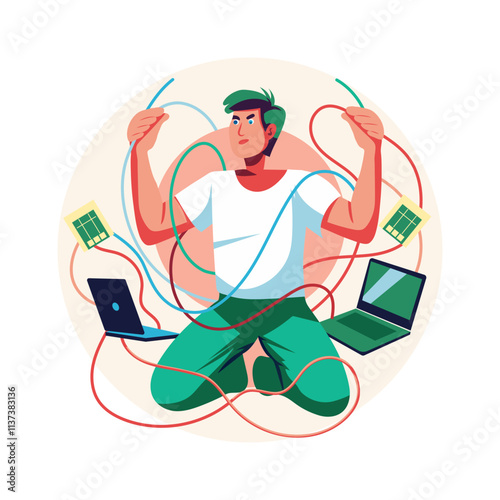 Man tangled in wires, flat style illustration 

