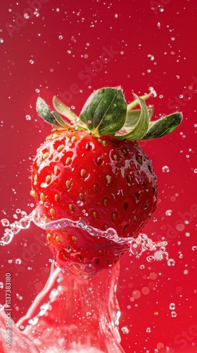 A strawberry splashing in water against a vibrant red background.