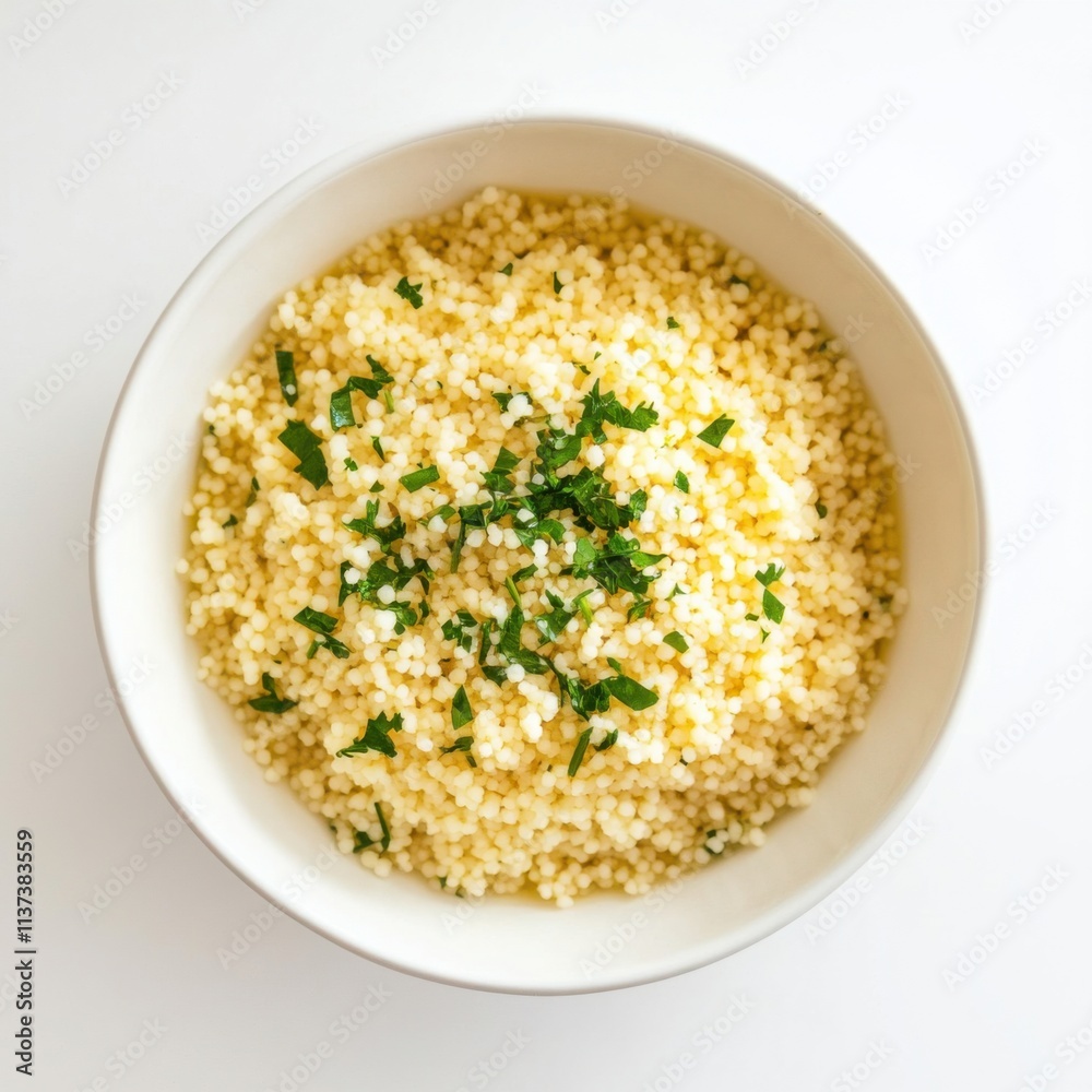 A simple bowl of plain couscous with a light drizzle of olive oil and a sprinkle of chopped cilantro, served in a minimalist white ceramic bowl, Couscous centered A simple bowl of plain couscous with a light drizzle of olive oil and a sprinkle of chopped cilantro, served in a minimalist white ceramic bowl, Couscous centered