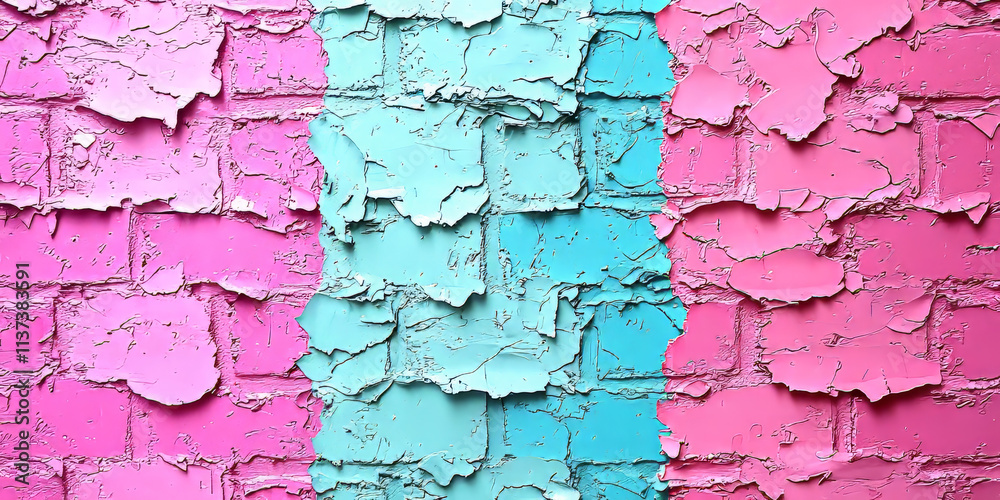 Obraz premium Textured Pink and Blue Peeling Paint on Brick Wall